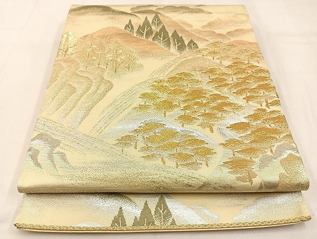 平和屋着物◎六通柄袋帯　樹林風景文　金銀糸　正絹　逸品　BAAW0396hj