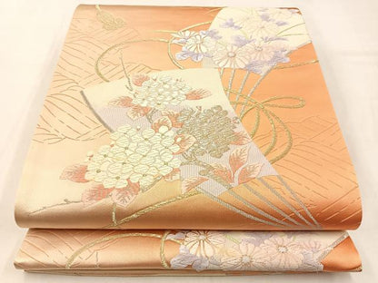 平和屋着物◎西陣　六通柄袋帯　唐織　扇面花文　金銀糸　証紙付き　正絹　逸品　未使用　BAAW0399hj