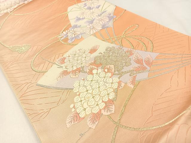 平和屋着物◎西陣　六通柄袋帯　唐織　扇面花文　金銀糸　証紙付き　正絹　逸品　未使用　BAAW0399hj