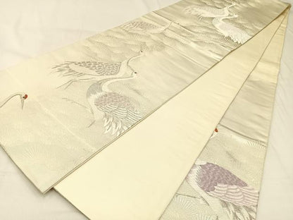 平和屋着物◎六通柄袋帯 唐織 群鶴 銀糸 正絹 逸品 BAAW0440hj