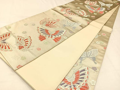 平和屋着物◎六通柄袋帯 唐織 花蝶文 銀糸 正絹 逸品 BAAW0443hj