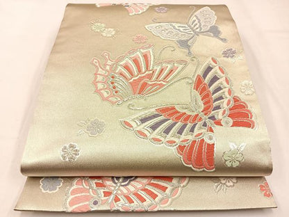 平和屋着物◎六通柄袋帯 唐織 花蝶文 銀糸 正絹 逸品 BAAW0443hj