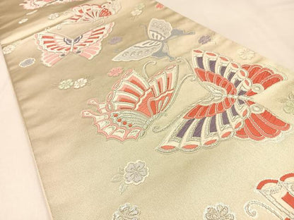 平和屋着物◎六通柄袋帯 唐織 花蝶文 銀糸 正絹 逸品 BAAW0443hj