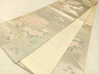 平和屋着物◎六通柄袋帯 唐織 孔雀花文 銀糸 正絹 逸品 BAAW0458hj
