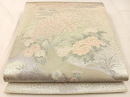 平和屋着物◎六通柄袋帯 唐織 孔雀花文 銀糸 正絹 逸品 BAAW0458hj