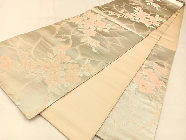 平和屋着物◎六通柄袋帯　草花文　銀糸　正絹　逸品　BAAW0463hj