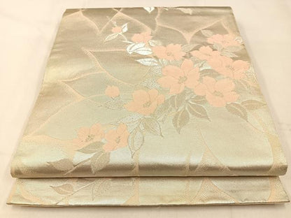 平和屋着物◎六通柄袋帯　草花文　銀糸　正絹　逸品　BAAW0463hj