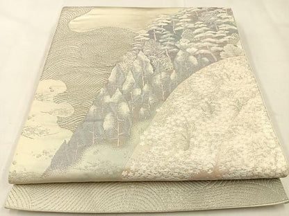 平和屋着物◎六通柄袋帯　樹林風景文　銀糸　正絹　逸品　BAAW0464hj