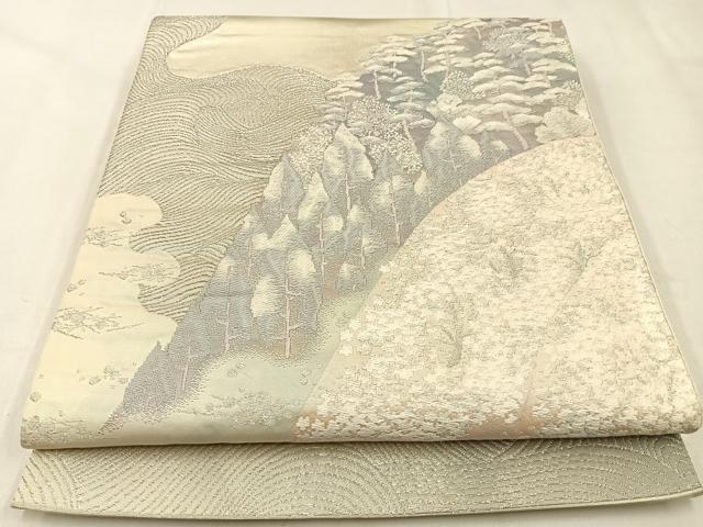 平和屋着物◎六通柄袋帯　樹林風景文　銀糸　正絹　逸品　BAAW0464hj
