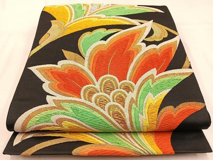平和屋着物◎六通柄袋帯　唐織　更紗花文　黒地　金銀糸　正絹　逸品　BAAW0473hj