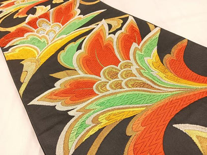 平和屋着物◎六通柄袋帯　唐織　更紗花文　黒地　金銀糸　正絹　逸品　BAAW0473hj