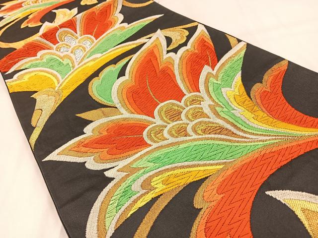 平和屋着物◎六通柄袋帯　唐織　更紗花文　黒地　金銀糸　正絹　逸品　BAAW0473hj