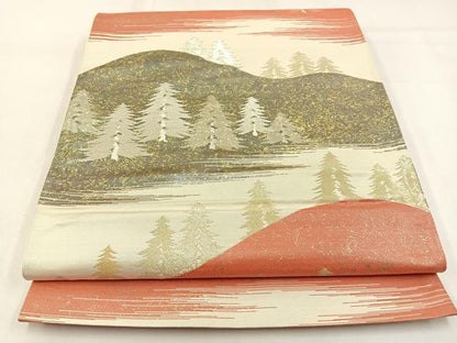 平和屋着物◎六通柄袋帯　樹林風景文　金銀糸　正絹　逸品　BAAW0483hj