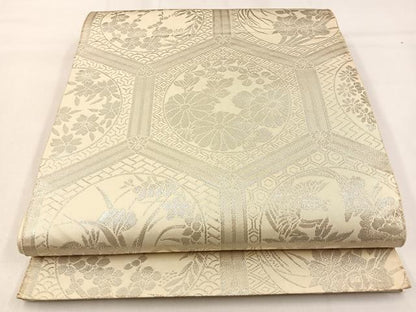 平和屋着物◎六通柄袋帯　亀甲花丸文　銀糸　正絹　逸品　BAAW0489hj