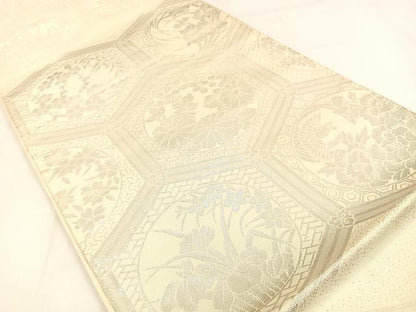 平和屋着物◎六通柄袋帯　亀甲花丸文　銀糸　正絹　逸品　BAAW0489hj