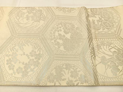 平和屋着物◎六通柄袋帯　亀甲花丸文　銀糸　正絹　逸品　BAAW0489hj