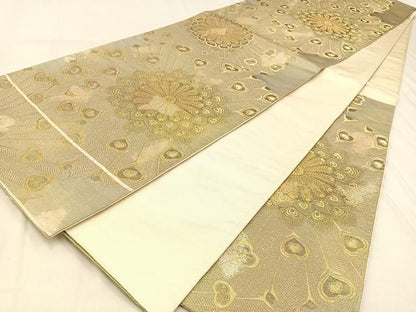 平和屋着物◎六通柄袋帯　孔雀羽花文　金銀糸　引箔　正絹　逸品　BAAW0493hj