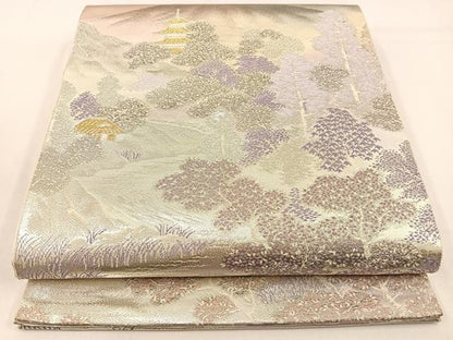 平和屋着物◎六通柄袋帯　唐織　五重塔　金銀糸　正絹　逸品　BAAW0498hj