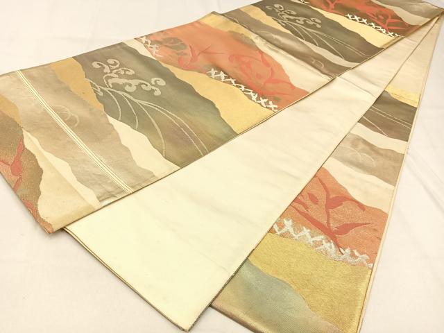 平和屋着物◎六通柄袋帯　草花文　金銀糸　引箔　正絹　逸品　BAAW0506hj