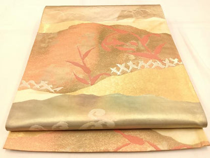 平和屋着物◎六通柄袋帯　草花文　金銀糸　引箔　正絹　逸品　BAAW0506hj