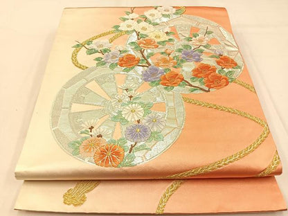 平和屋着物◎六通柄袋帯　唐織　源氏車枝花文　金銀糸　正絹　逸品　BAAW0507hj