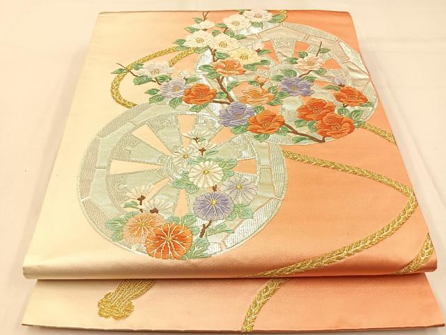 平和屋着物◎六通柄袋帯　唐織　源氏車枝花文　金銀糸　正絹　逸品　BAAW0507hj