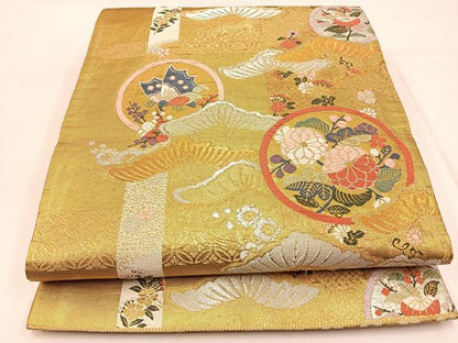 平和屋着物◎六通柄袋帯　唐織　松花蝶丸文　金銀糸　正絹　逸品　BAAW0509hj