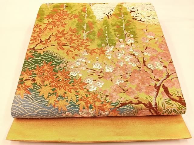 平和屋着物◎六通柄袋帯　唐織　松竹梅　竜田川　金銀糸　正絹　逸品　BAAW0512hj