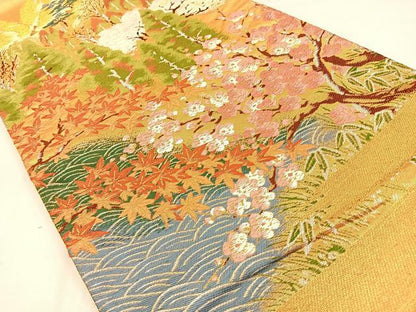 平和屋着物◎六通柄袋帯　唐織　松竹梅　竜田川　金銀糸　正絹　逸品　BAAW0512hj