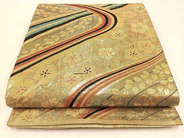 平和屋着物◎佐賀錦　両面　六通柄袋帯　桜流し　金糸　正絹　逸品　BAAW0516hj
