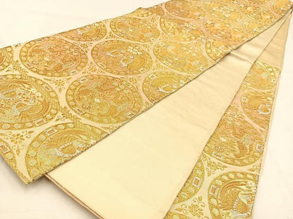 平和屋着物◎六通柄袋帯　鳥獣丸文　金銀糸　正絹　逸品　BAAW0521hj