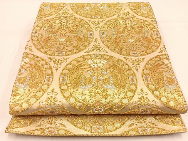 平和屋着物◎六通柄袋帯　鳥獣丸文　金銀糸　正絹　逸品　BAAW0521hj