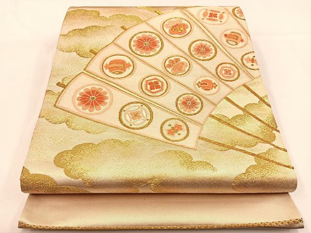 平和屋着物◎西陣 太鼓柄袋帯 唐織 扇面宝尽くし花文 金糸 正絹 逸品 BAAW0525hj