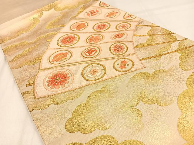 平和屋着物◎西陣 太鼓柄袋帯 唐織 扇面宝尽くし花文 金糸 正絹 逸品 BAAW0525hj
