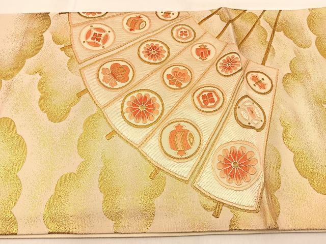 平和屋着物◎西陣 太鼓柄袋帯 唐織 扇面宝尽くし花文 金糸 正絹 逸品 BAAW0525hj