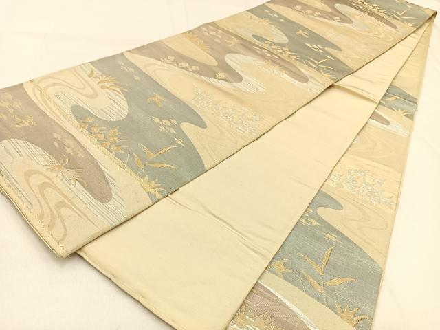 平和屋着物◎六通柄袋帯　流水花鳥文　金銀糸　正絹　逸品　BAAW0531hj