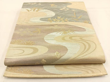 平和屋着物◎六通柄袋帯　流水花鳥文　金銀糸　正絹　逸品　BAAW0531hj