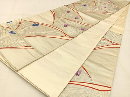 平和屋着物◎六通柄袋帯　唐織　こぼれ松葉　銀糸　正絹　逸品　BAAW0533hj