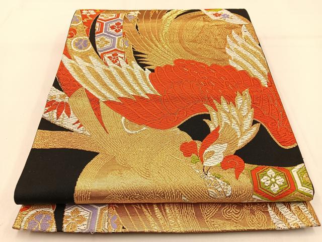 平和屋着物◎六通柄袋帯 唐織 鳳凰束ね熨斗花文 黒地 金糸