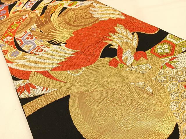平和屋着物◎六通柄袋帯 唐織 鳳凰束ね熨斗花文 黒地 金糸