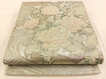 平和屋着物◎佐賀錦　太鼓柄袋帯　ふくれ織　流水牡丹文　銀糸　正絹　逸品　BAAW0584hj