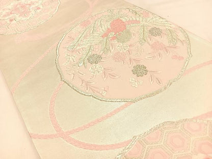 平和屋着物◎六通柄袋帯　唐織　鳳凰枝垂れ桜文　銀糸　正絹　逸品　BAAW0587hj