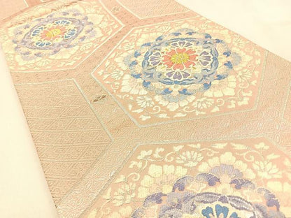 平和屋着物◎六通柄袋帯　唐織　亀甲正倉院花文　金銀糸　正絹　逸品　BAAW0592hj