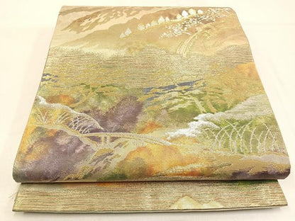 平和屋着物◎六通柄袋帯　渡橋風景文　金銀糸　引箔　正絹　逸品　BAAW0606hj
