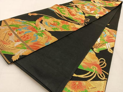 平和屋着物◎六通柄袋帯 鳳凰 黒地 金銀糸 正絹 逸品 BAAW0614hj