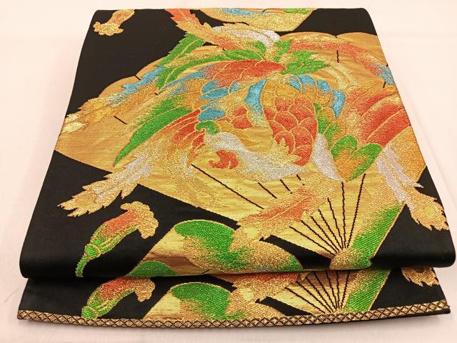 平和屋着物◎六通柄袋帯 鳳凰 黒地 金銀糸 正絹 逸品 BAAW0614hj