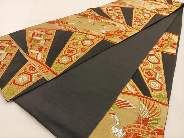 平和屋着物◎六通柄袋帯 唐織 飛鶴吉祥文 黒地 金銀糸 正絹 逸品 BAAW0616hj
