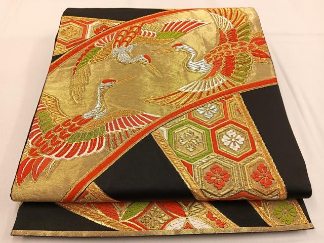 平和屋着物◎六通柄袋帯 唐織 飛鶴吉祥文 黒地 金銀糸 正絹 逸品 BAAW0616hj