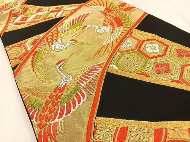 平和屋着物◎六通柄袋帯 唐織 飛鶴吉祥文 黒地 金銀糸 正絹 逸品 BAAW0616hj