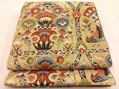 平和屋着物◎六通柄袋帯 孔雀花陶器文 金糸 正絹 逸品 BAAW0617hj